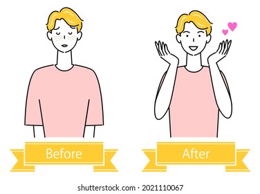 Cuidado De La Piel Problemas De La Piel Facial. "Lugares y pecas". antes y después. Un tipo lindo. Ilustración simple. vector.