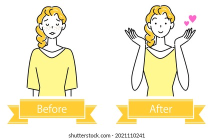 Cuidado De La Piel Problemas De La Piel Facial. "Lugares y pecas". antes y después. Mujer hermosa. Ilustración simple. vector.
