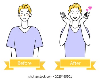 Skin Care Facial Skin Problems. "Spots, Senile Pigmented Lesions." before and after. Cute guy. Simple illustration. vector.