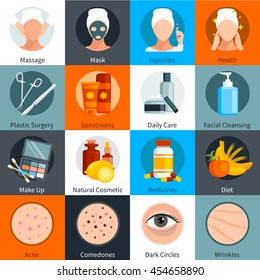Skin care flat colored icons set of skin treatment elements natural and make up cosmetics symbols isolated vector illustration
