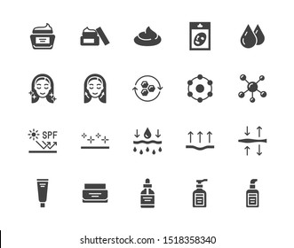 Skin care flat glyph icons set. Moisturizing cream, anti age lifting face mask, spf whitening gel vector illustrations. Signs for cosmetic product package. Silhouette pictogram pixel perfect.