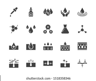 Skin care flat glyph icons set. Hyaluronic acid drop, serum, anti ageing compound retinol, pore tighten vector illustrations. Signs cosmetic product label. Silhouette pictogram pixel perfect.