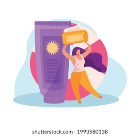 Skin care flat icon with sunscreen products and female character vector illustration