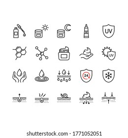 Skin care flat line icon set. Moisturizing cream, spf whitening gel, care dry skin cream, oil, serum drop elements. Outline signs for cosmetic product package. Editable Strokes.