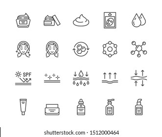 Skin care flat line icons set. Moisturizing cream, anti age lifting face mask, spf whitening gel vector illustrations. Outline signs for cosmetic product package. Pixel perfect Editable Strokes.