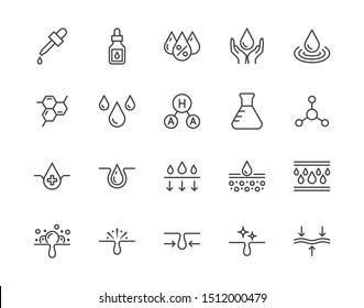 Skin care flat line icons set. Hyaluronic acid drop, serum, anti ageing compound retinol, pore tighten vector illustrations. Outline signs cosmetic product label. Pixel perfect Editable Strokes. - Shutterstock ID 1512000479