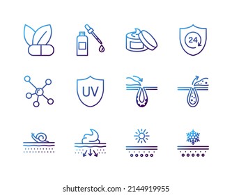 Fijación de iconos de línea plana para el cuidado de la piel. Paquete de productos cosméticos. Simple ilustración vectorial plana para tienda, sitio web o aplicación móvil.