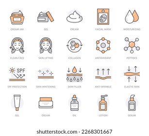 Skin care flat line icons set. Moisturizing cream, anti age lifting face mask, spf whitening gel vector illustrations. Outline signs for cosmetic product package. Orange color. Editable Stroke