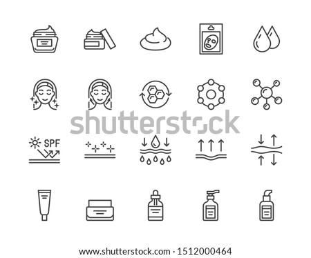 Skin care flat line icons set. Moisturizing cream, anti age lifting face mask, spf whitening gel vector illustrations. Outline signs for cosmetic product package. Pixel perfect Editable Strokes. Foto stock © 
