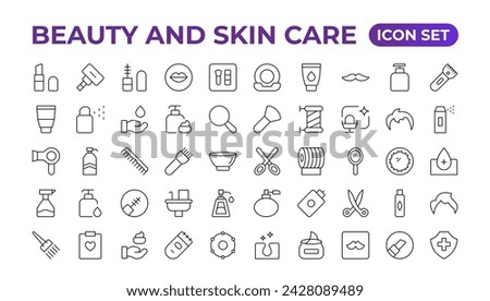 Skin care flat line icons set. Moisturizing cream, anti-age lifting face mask, SPF whitening gel. Outline signs for cosmetic product packages. Skin Care icon Contains linear outlines like Acne,
