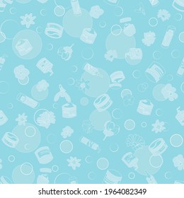 Skin care and flowers sky blue bubbles seamless pattern.