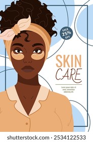 Skin care flyer design. Poster with dark skinned woman with moisturizing eye patches. Facial skin care, skin moisturizing. Banner for beauty salon, spa, etc.