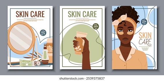 Skin care flyer design set. Poster with dark skinned woman with moisturizing eye patches. Facial skin care, skin moisturizing. Banner for beauty salon, spa, etc.