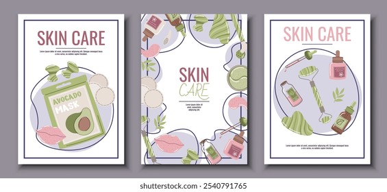 Skin care flyer design set. Poster with cosmetic products, face mask, gua sha, serum. Facial skin care, skin moisturizing. Banner for beauty salon, spa, etc.