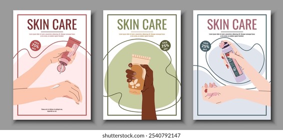 Skin care flyer design set. Posters with hand holding cream. Facial skin care, skin moisturizing. Banner for beauty salon, spa, etc.