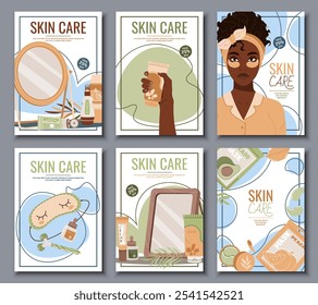 Skin care flyer design set. Poster with dark skinned woman with moisturizing eye patches. Facial skin care, skin moisturizing. Banner for beauty salon, spa, etc