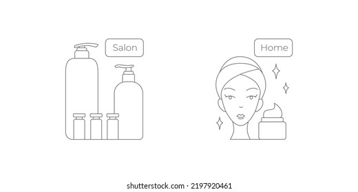 Skin care home, salon icons symbol set. Editable stroke. Vector stock illustration isolated on white background for packaging design in beauty industry. EPS10