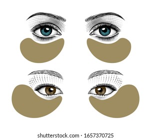 Skin care, Hydrogel Eye Patch. Lifting mask for the skin around the eyes. Eyes eastern girls. Vintage prints stylized drawing. Vector illustration. 