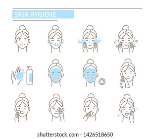 Skin care and hygiene procedures. Line style vector illustration isolated on white background.
