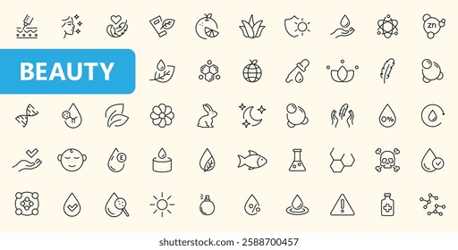 Skin care icon set. Beauty skin care vector icon pack set. Moisture cream, acid, anti wrinkle serum, ceramide, collagen, retinol compound, sunscreen.