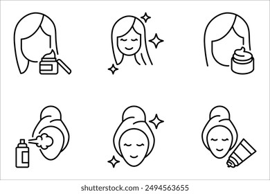 Conjunto del icono del cuidado de la piel, crema cosmética, Ilustración vectorial lineal del signo del rostro de la mujer sobre fondo blanco