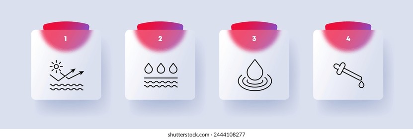 Skin care icon set. Cream, liquid, protection from sun rays and water, pipette, silhouette, flat design, nutrient liquid, numbering. Health care concept. Glassmorphism style.
