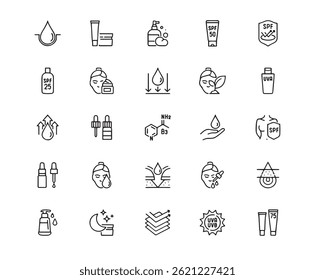 Skin Care Icon Set. Editable Stroke. Contains such icons as Hair, Skin, Dermatology, Acid, Anti Wrinkle, Serum, Ceramide, Collagen, Retinol Compound