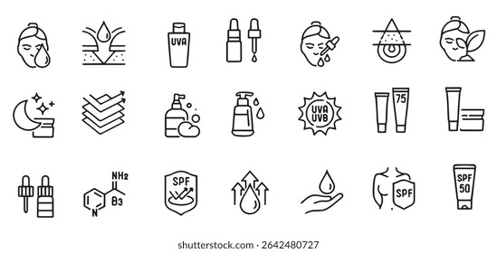 El conjunto de iconos de cuidado de la piel editable contiene iconos como el cabello Dermatología de la piel Ácido Anti