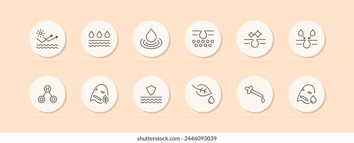 Skin care icon set. HO2, hydroperoxyl, leaf, drops, liquid, mask, natural products, skin protection, pastel colors, cream, oil, silhouette, gradient. Health care concept. Vector line icon.