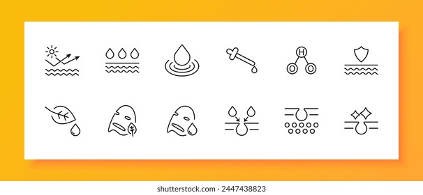 Conjunto de iconos de cuidado de la piel. HO2, hidroperoxil, hoja, gotas, líquido, máscara, productos naturales, protección de la piel, crema, aceite, silueta, . Concepto de atención médica. Icono de línea de Vector.