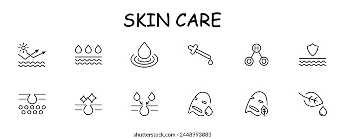 Skin care icon set. HO2, hydroperoxyl, leaf, drops, liquid, mask, natural products, skin protection, cream, oil, silhouette, . Health care concept. Vector line icon.