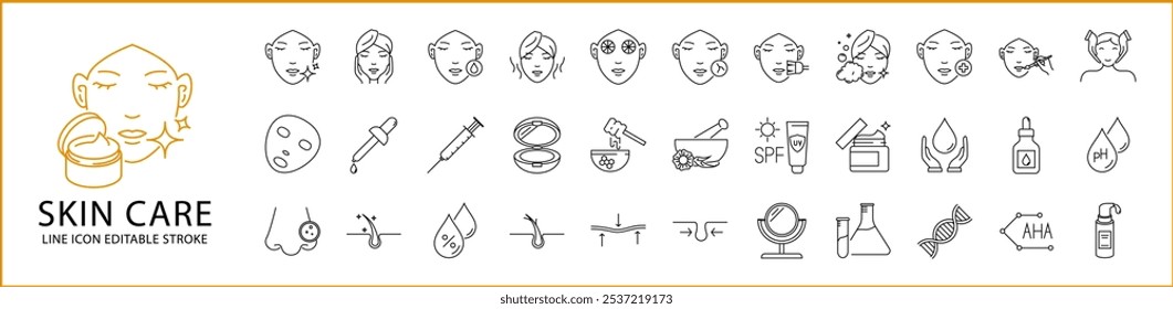 Skin Care Icon Set. Hautpflege-Linien-Symbole.. Enthaltend Behandlung, Kosmetik, Schönheit, Vektor, Gesicht, Maske, Öl, Dermatologie, Akne, Gesicht, etc. Vektorgrafik. Bearbeitbarer Strich.