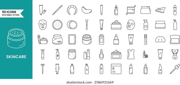 Skin care icon set in line style. Moisture cream, acid, anti wrinkle serum, ceramide, exfoliate, serum, sunscreen and more. Vector illustration