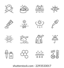 Hautpflegesymbol-Set, Sonnenschutzcreme-UV-Schutz, Vektorgrafik-Linien-Symbole auf weißem Hintergrund