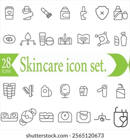 Skin care icon set. Wellness and body spa anti-aging, pore tightening, cosmetology, spa treatments, massage, hyaluronic acid, serum, line icon collection. Cosmetics