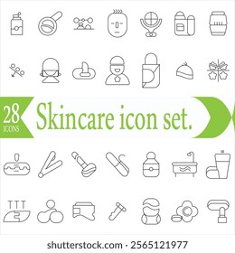  Skin care icon set. Wellness and body spa anti-aging, pore tightening, cosmetology, spa treatments, massage, hyaluronic acid, serum, line icon co