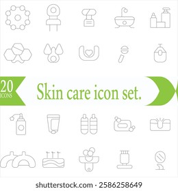 Skin care icon set. Wellness and body spa anti-aging, pore tightening, cosmetology, spa treatments, massage, hyaluronic acid, serum, line icon collection.