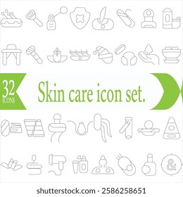 Skin care icon set. Wellness and body spa anti-aging, pore tightening, cosmetology, spa treatments, massage, hyaluronic acid, serum, line icon collection.