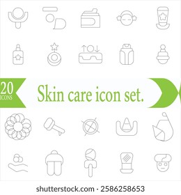 Skin care icon set. Wellness and body spa anti-aging, pore tightening, cosmetology, spa treatments, massage, hyaluronic acid, serum, line icon collection.