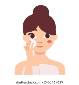 Skin care icon with woman applying facial lotion with cotton pad. Vector Illustration
