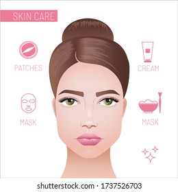 Skin care, icons of cosmetic products for face care, hydrogel eye patches, facial sheet mask, organic mask and moisturiser cream. Vector realistic illustration.