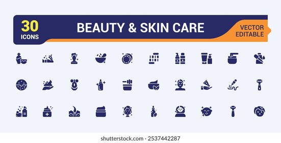 Iconos del cuidado de piel en estilo lleno. Relacionado con facial, maquillaje, espuma, máscara, nutritivo, protector solar, sólido y más. Conjunto de pictograma lleno. Icono de Vector editable e ilustración.