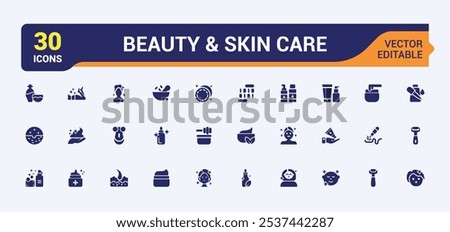 Skin Care icons in filled style. Related to facial, make-up, foam, mask, nutritious, sunscreen, solid and more. Set of filled pictogram. Editable vector icon and illustration.