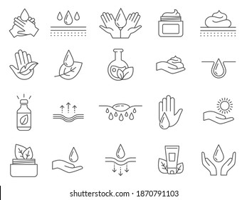 Skin care icons. Outline anti age lifting cream, oil drop, hands moisture gel, collagen and ph balance. Natural cosmetics line vector set. Medical dermatological products, beauty treatment - Shutterstock ID 1870791103