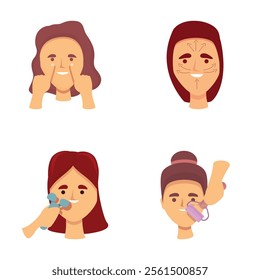 Skin care icons set cartoon vector. Girl takes care of her face. Spa and beauty