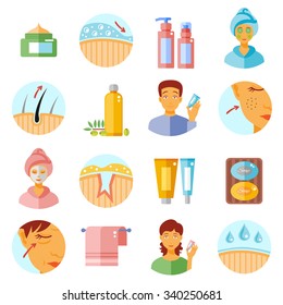 Skin care icons set with cosmetics and problems symbols flat isolated vector illustration 