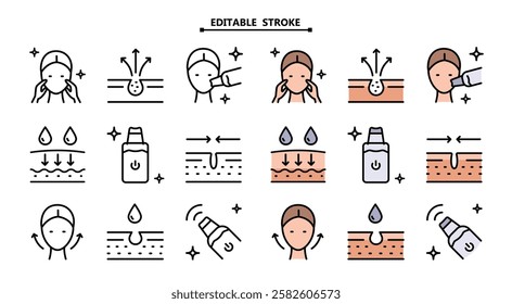 Skin Care icons set. Editable stroke. Facial Skin Cleaner icons set. Device peeling simple signs for skincare products property.