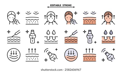 Skin Care icons set. Editable stroke. Facial Skin Cleaner icons set. Device peeling simple signs for skincare products property.