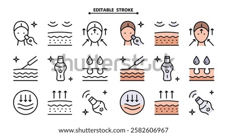 Skin Care icons set. Editable stroke. Facial Skin Cleaner icons set. Device peeling simple signs for skincare products property.