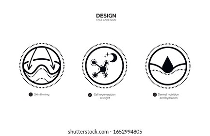 Skin care icons set. Icon skin strengthening, cell regeneration at night, skin nutrition and moisturizing for website, banner, mobile application. Vector illustration